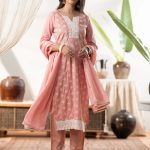 Peachy Pink 100% Pure Cotton Three - Piece Suit Set With White Thread Embroidery