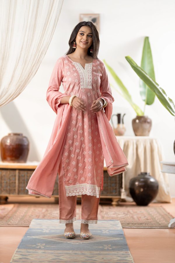 Peachy Pink 100% Pure Cotton Three - Piece Suit Set With White Thread Embroidery