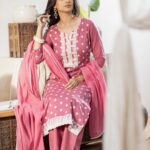 Abha Gulal - Rose Pink Cotton Three - Piece Suit Set With White Thread Embroidery