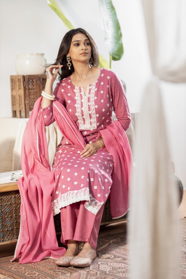 Abha Gulal - Rose Pink Cotton Three - Piece Suit Set With White Thread Embroidery