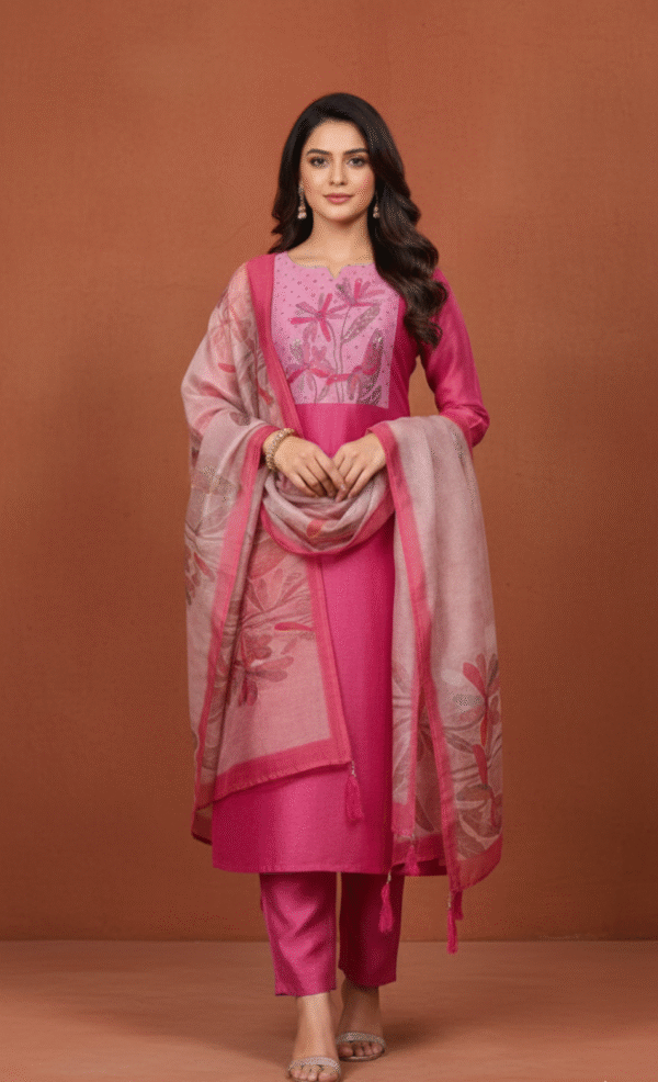 Pink Petals - Pink Organza Embroidered Three - Piece Suit Set