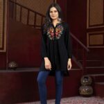 Midnight Bloom - Black 100% Pure Cotton Short Kurti