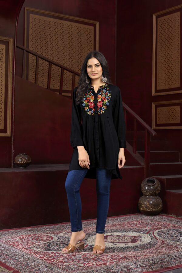 Midnight Bloom - Black 100% Pure Cotton Short Kurti