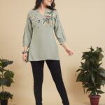 Leafy Dazzle - Sage Green Floral Embroidered 100% Cotton Short Kurti
