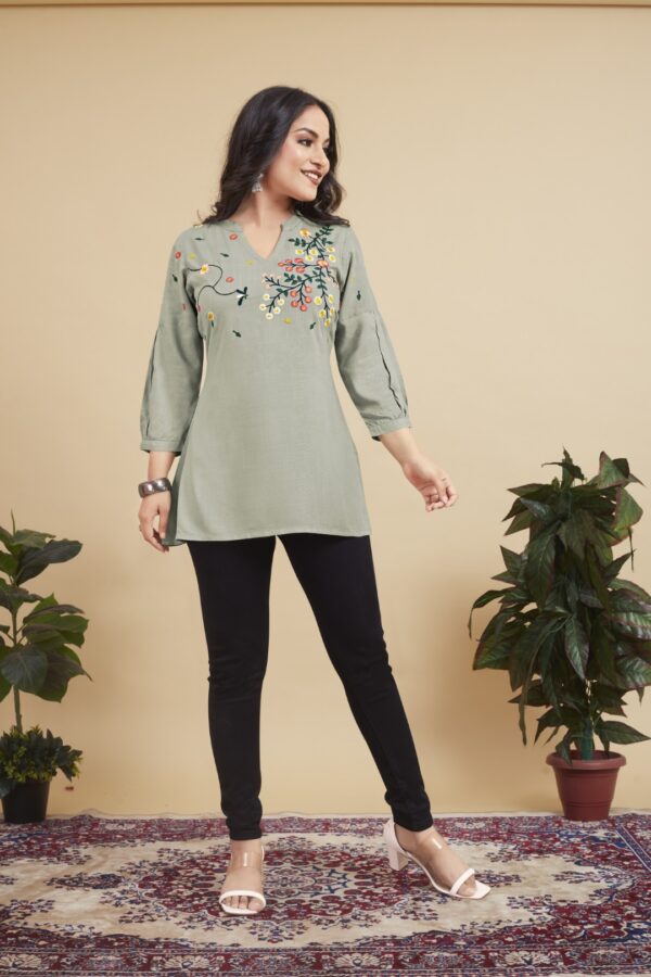 Leafy Dazzle - Sage Green Floral Embroidered 100% Cotton Short Kurti