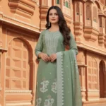 Emerald Whisper - Sage Green Embroidered Three Piece Suit Set