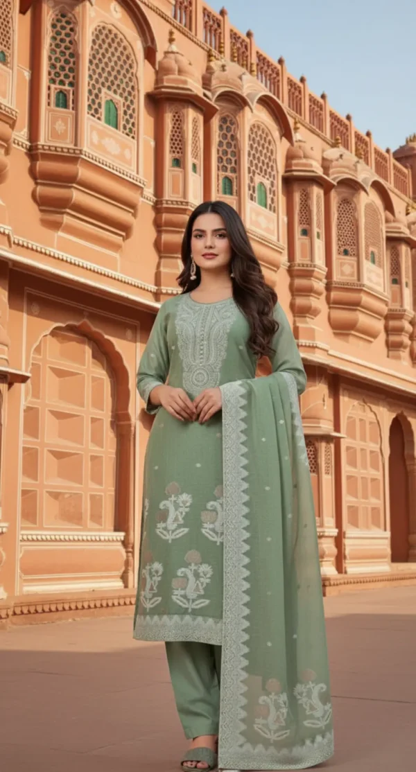Emerald Whisper - Sage Green Embroidered Three Piece Suit Set