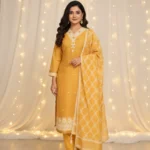 Amber Glow - Mustard Yellow Embroidered Three - Piece Suit Set