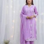 Lovely Lilac – Lavender Cotton Three - Piece Suit Set With White Thread Embroidery