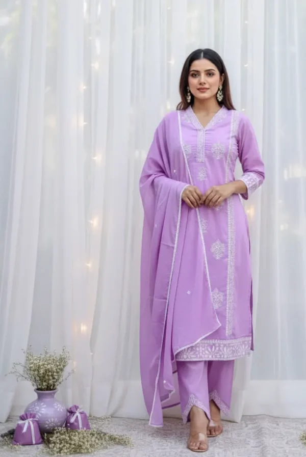 Lovely Lilac – Lavender Cotton Three - Piece Suit Set With White Thread Embroidery