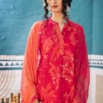 Sunset Bloom - Fiery Red Cotton Three - Piece Suit With Golden Leaf Motifs