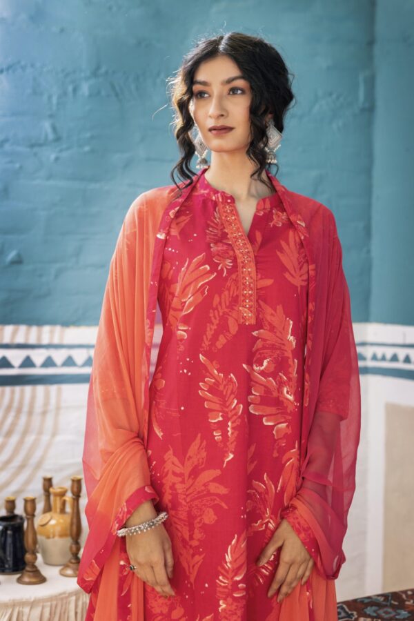 Sunset Bloom - Fiery Red Cotton Three - Piece Suit With Golden Leaf Motifs