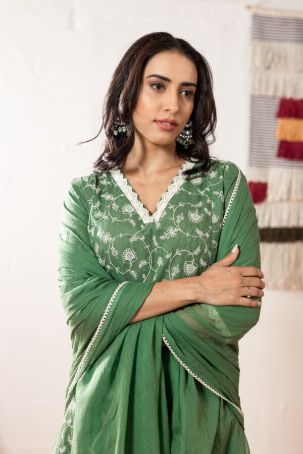 Pine Forest - Meadow Green Cotton  Three -Piece Suit Set With Vine Embroidery