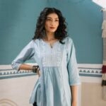 Sky Whisper - Powder Blue Short Kurti with White Embroidery