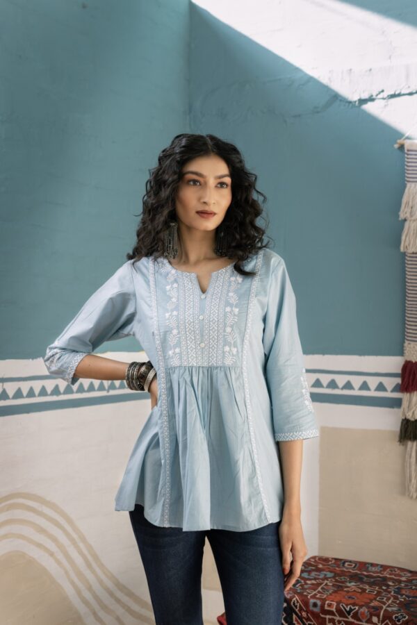 Sky Whisper - Powder Blue Short Kurti with White Embroidery