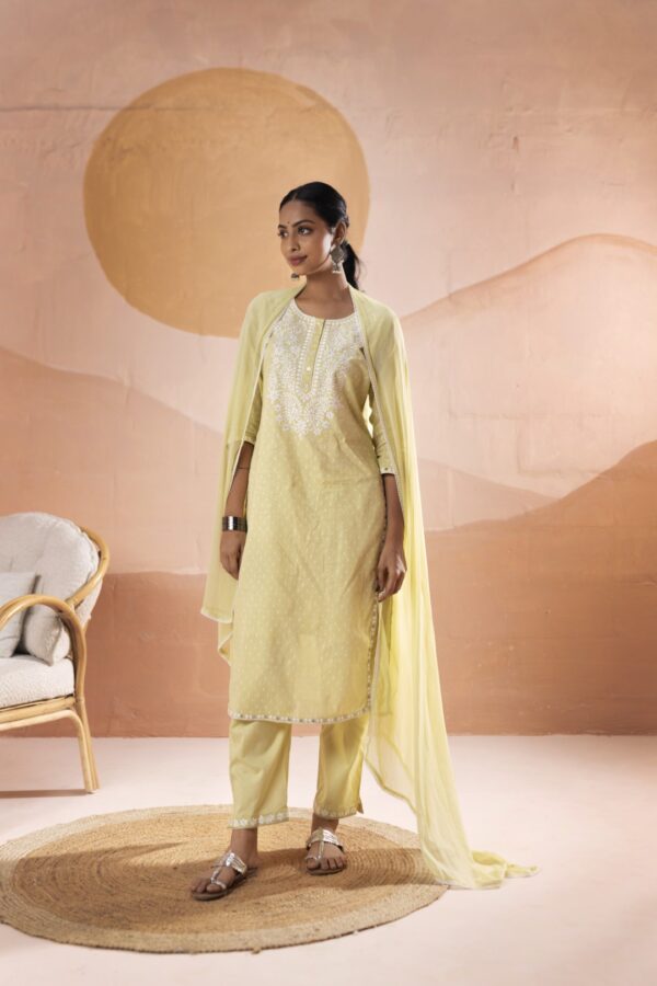 Lemon Spark - Lemon Green Cotton Three - Piece Suit Set With White Embroidery
