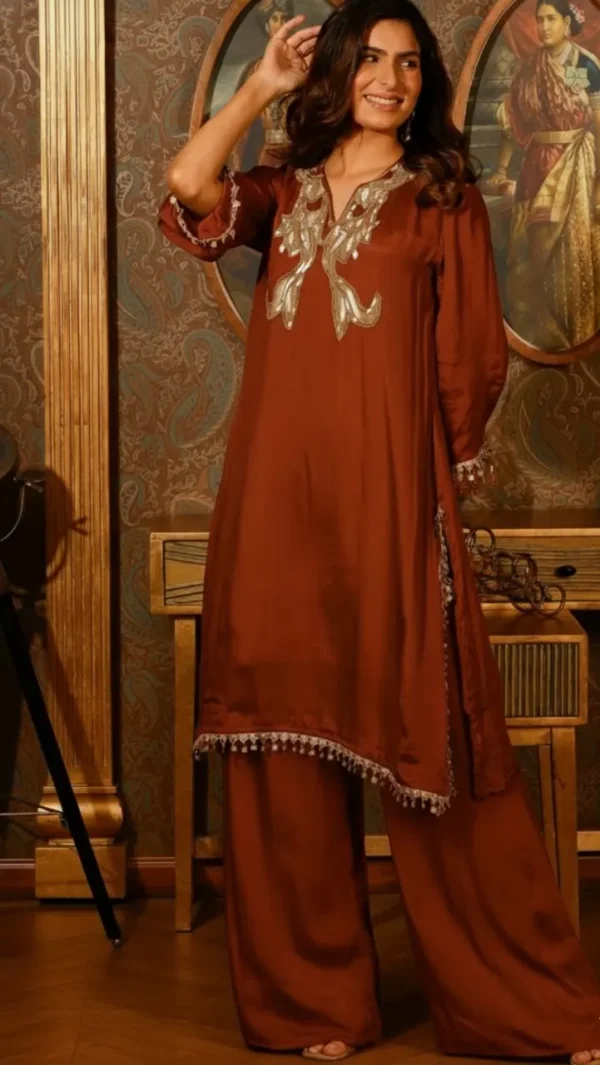 Pure Chinon 'Rust Glow' Co-ord Dress with Heavy Hand Work