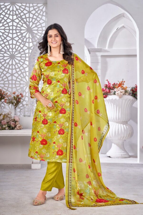 Vibrant Lime Green Bold Floral Print Three Piece Suit Set