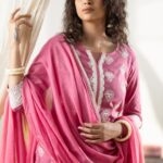 Gulnaar –Bright Pink 100% Pure Cotton Three - Piece Suit Set With White Thread Embroidery