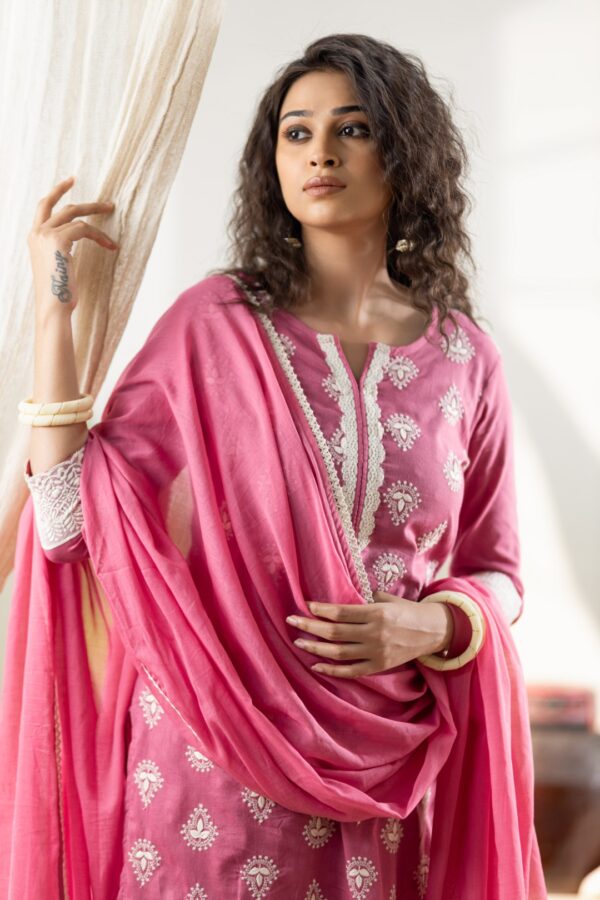 Gulnaar –Bright Pink 100% Pure Cotton Three - Piece Suit Set With White Thread Embroidery