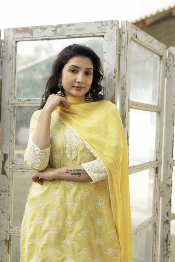 Ziya – Yellow 100% Pure Cotton Three - Piece Suit Set With White Thread Embroidery