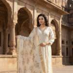 Ivory Elegance - Ivory Golden Organza Three - Piece Suit Set