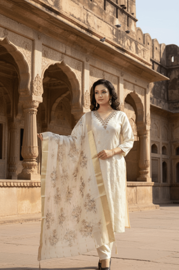 Ivory Elegance - Ivory Golden Organza Three - Piece Suit Set