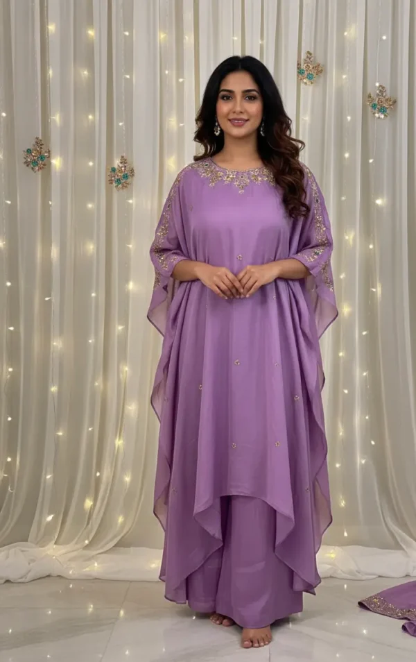 Mauve Purple Designer Gota Embroidered Kaftan Set