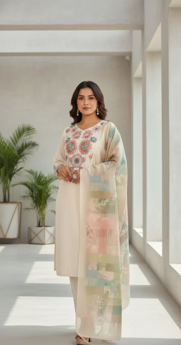 Floral Embroidered Harmony Cream Suit Set
