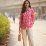 Fuchsia Pink Printed Satin Shirt