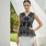 Black & White Floral Embroidered Peplum Top