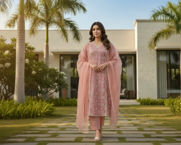 Rust Raga - Rust Cotton Suit with White Floral Embroidery