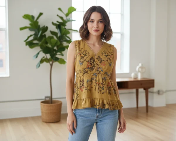 Mustard Embroided Peplum Top with Lace Trim