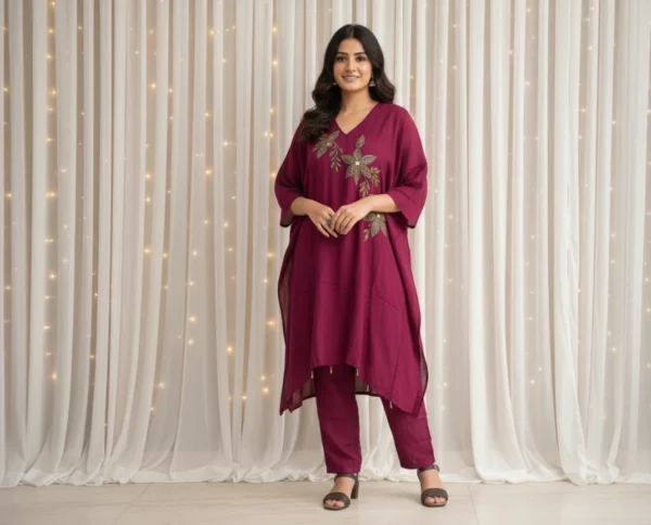 Luxury Wine Kaftan and Pant Set