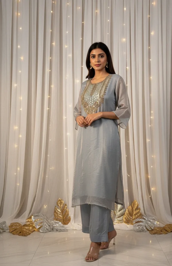 Pearl Grey Blue  Kurta and Farshi Set