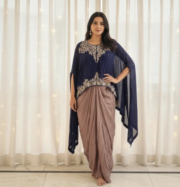 Navy Blue Flowing Kaftan with Draped Dhoti