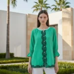 Vibrant Green With Black Embroided Shirt With Smocked Cuff Sleeves