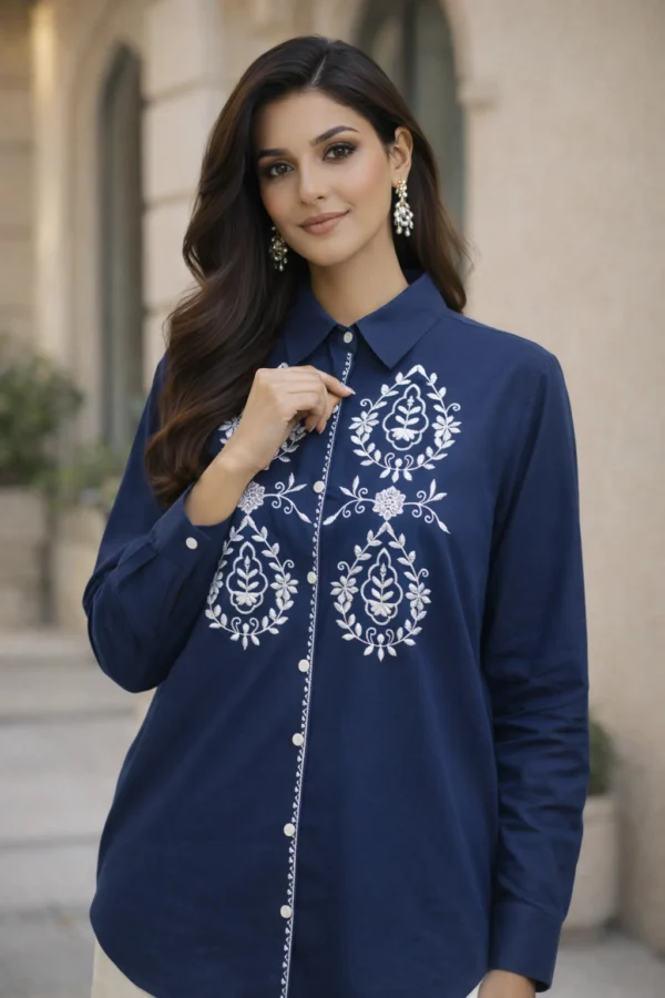 Dark Navy Blue With White Embroidered Shirt