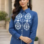 Indigo Blue With White Embroidered Shirt