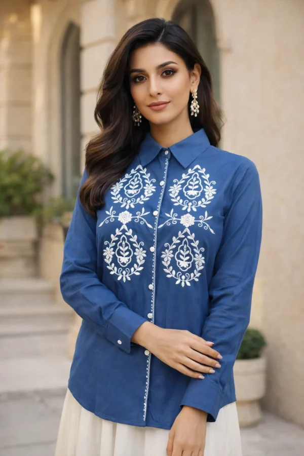 Indigo Blue With White Embroidered Shirt