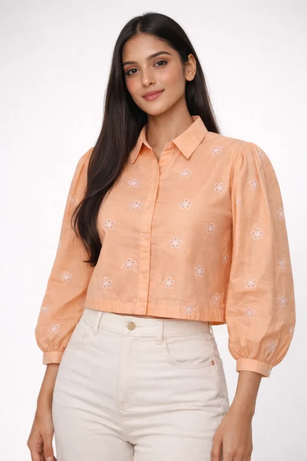 Pastel Peach Hacoba Embroidered Shirt