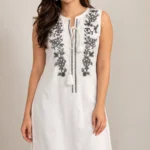 White Cotton Sleeveless Kurti With Black Embroidery