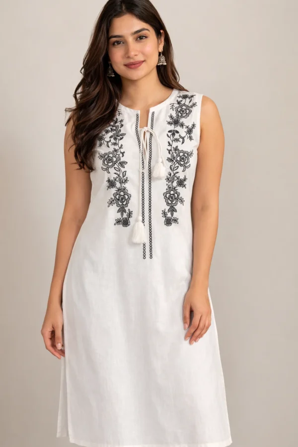 White Cotton Sleeveless Kurti With Black Embroidery