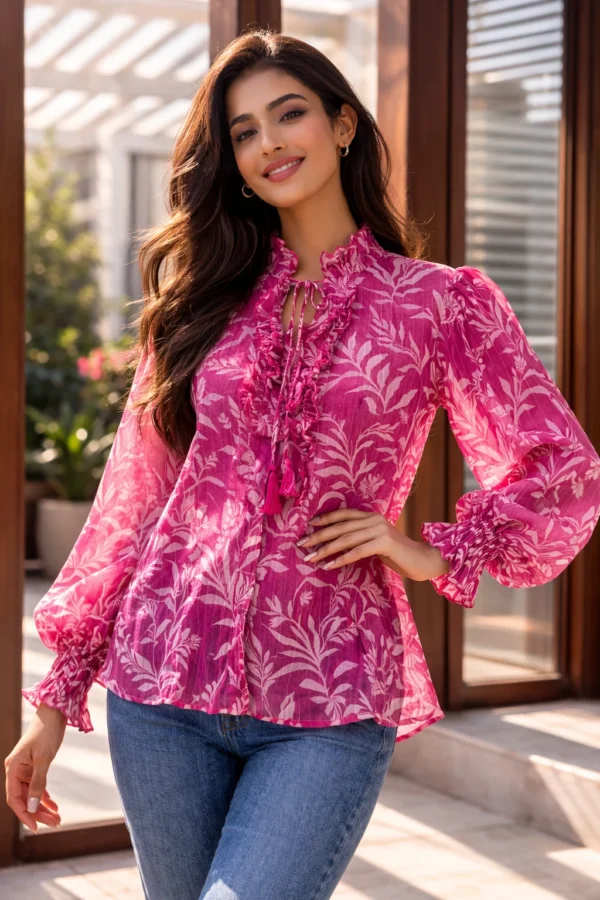 Blush Tropical Print Tie Up Shirt
