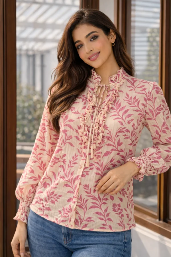 Blush Tropical Print Tie Up Shirt