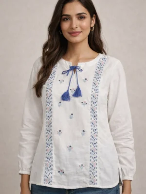 Cotton Embroidered Top With Tassel Tie-Up
