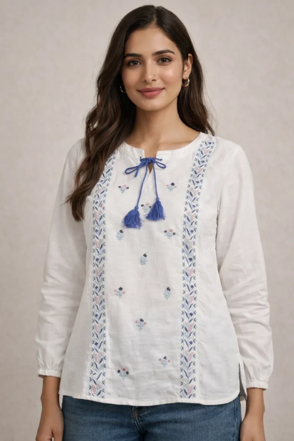 Cotton Embroidered Top With Tassel Tie-Up