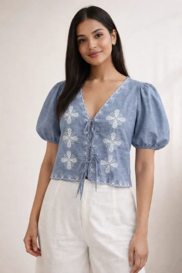 Embroidered Tie-Front Crop Top with Puff Sleeves