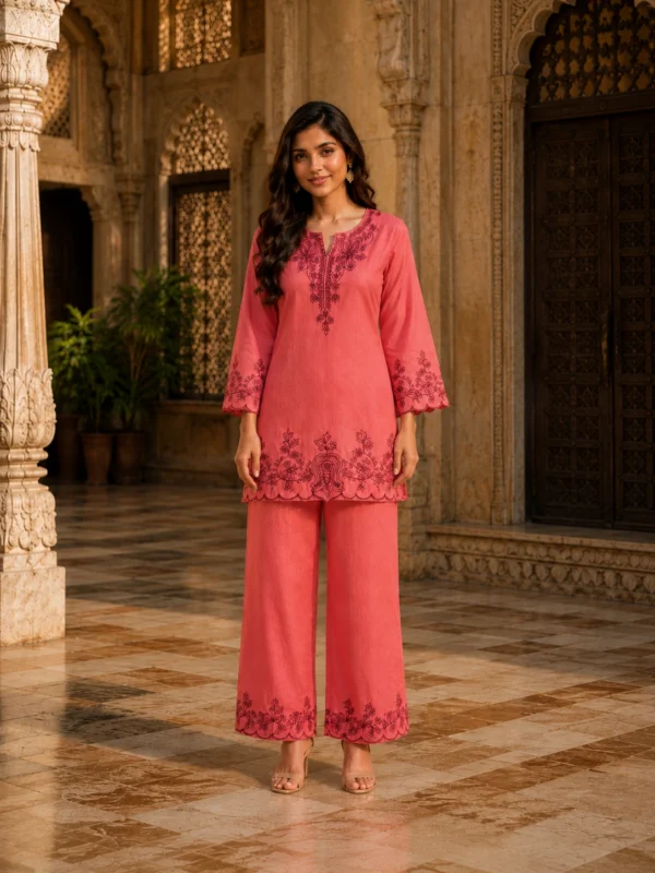 Rose Tone-On-Tone Embroidered Luxury Co-Ord Set