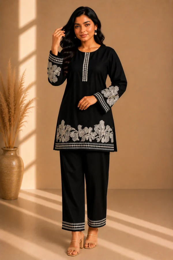 Black Jute Threadwork Stylish Co-ord Set